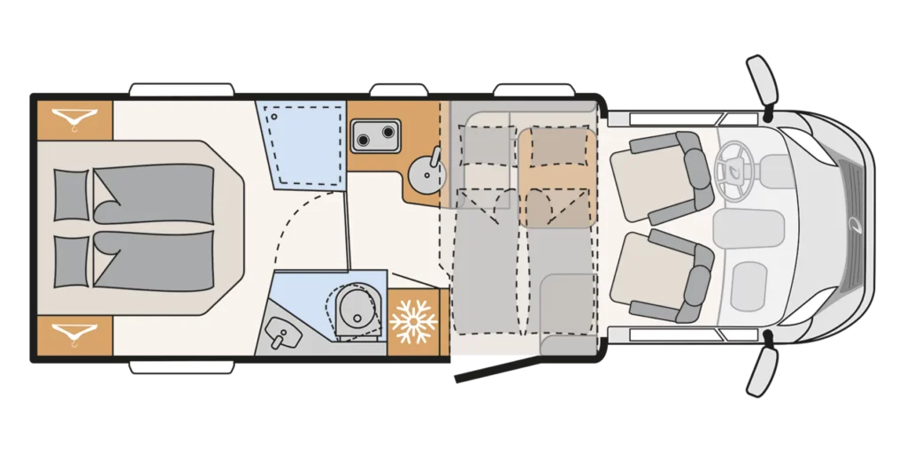 plano interior, autocaravana perfilada Dethleffs Just Camp T7052, a la venta segunda mano